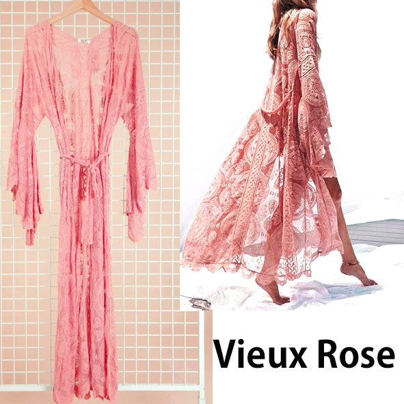 ***Cardigan Kimono maxi long en dentelle à manches volumineuse
