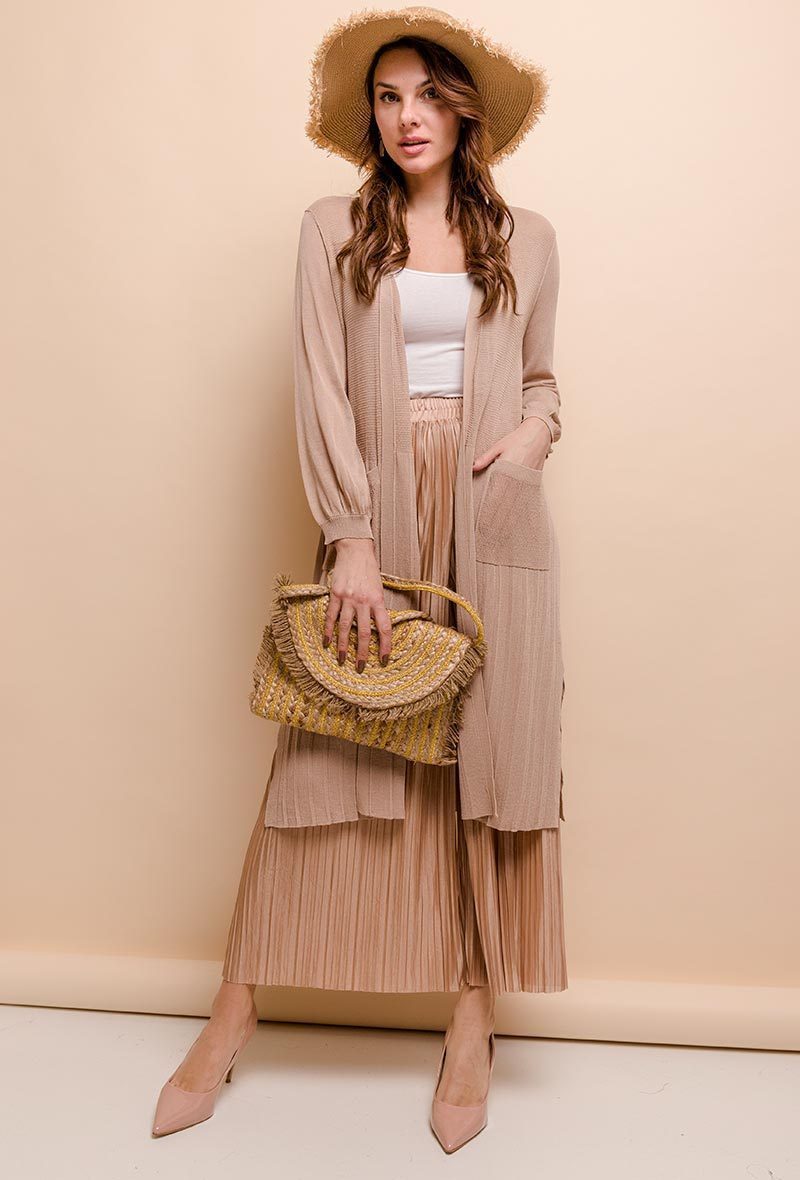 *PARIS*Cardigan long en tricot transparent avec poches fendues et plissées