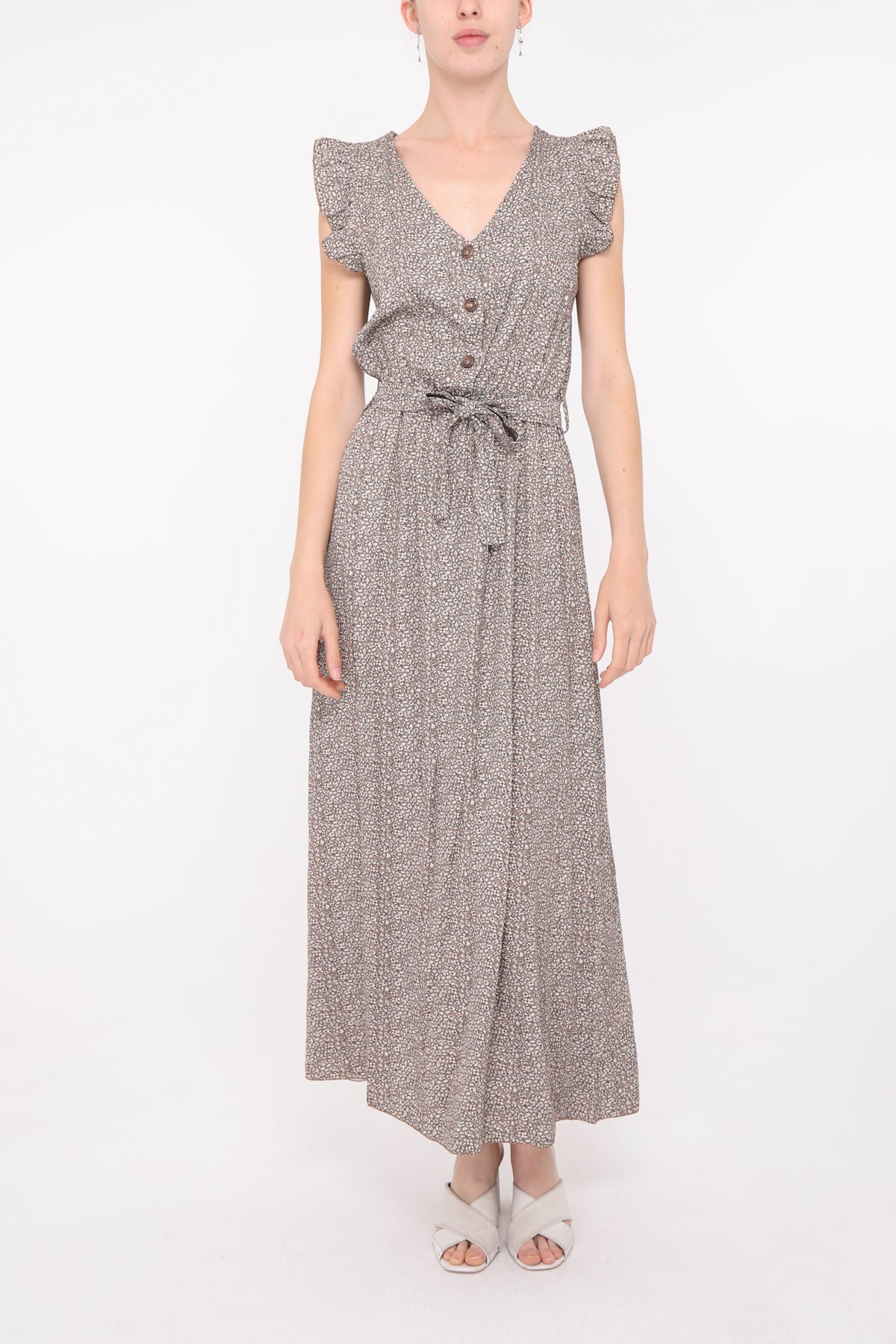 PARIS* Robe longue à petit motif floral boutonnée sur le devant et marque de taille