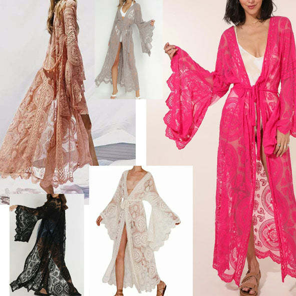 ***Cardigan Kimono maxi long en dentelle à manches  volumineuse