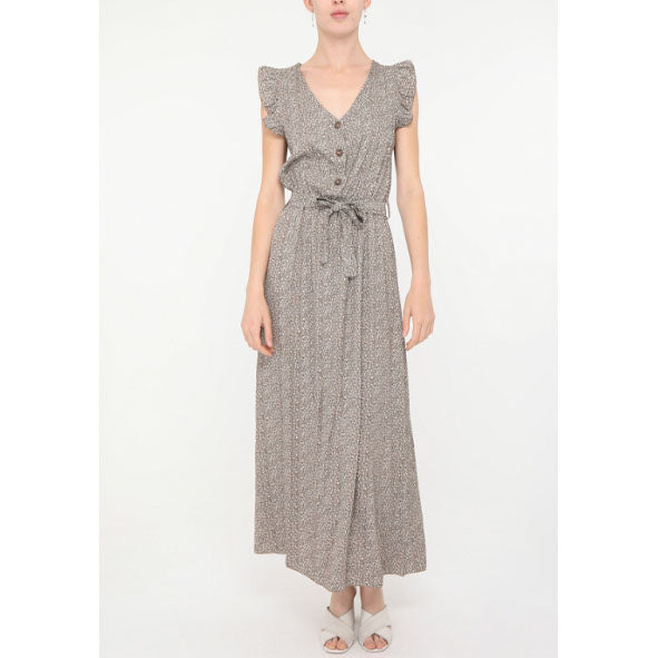 PARIS* Robe longue à petit motif floral boutonnée sur le devant et marque de taille