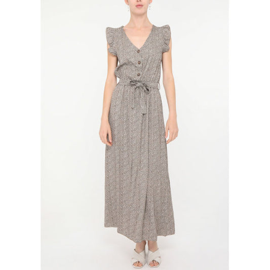 PARIS* Robe longue à petit motif floral boutonnée sur le devant et marque de taille