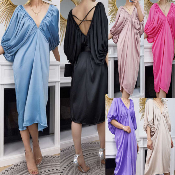 *Made in Italy Cross-back dress with satin drape