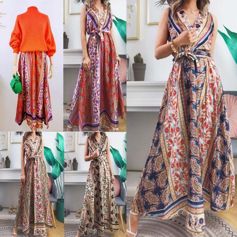 *Fabriqué en Italie Robe longue à ligne évasée avec motif floral paisley