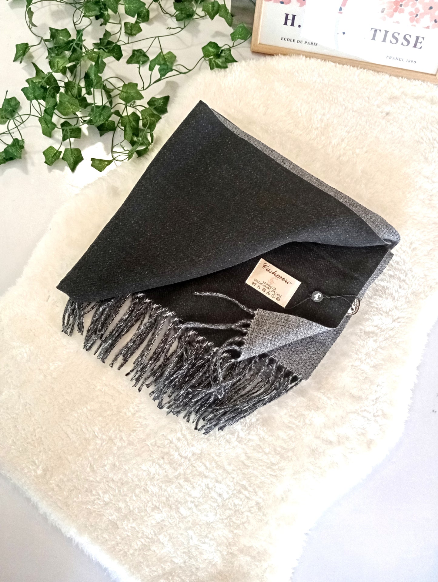 Echarpe cachemire XXL réversible Noir / Gris pour femme & homme, douce et chaude, idéale pour automne-hiver | Paris Dressing
