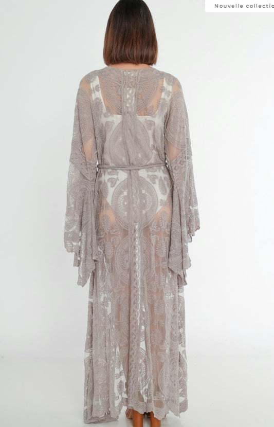 ***Cardigan Kimono maxi long en dentelle à manches  volumineuse