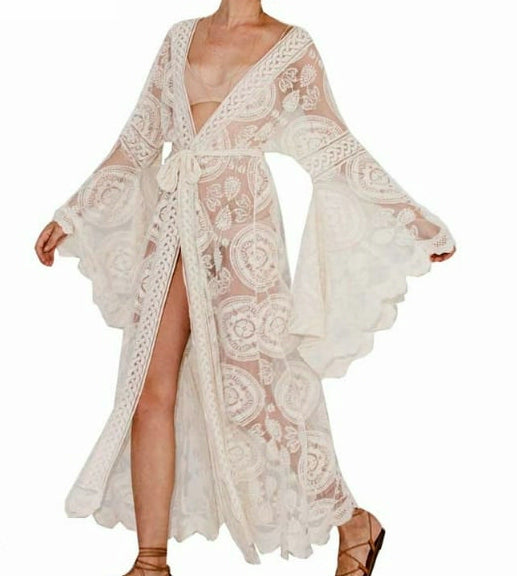 ***Cardigan Kimono maxi long en dentelle à manches  volumineuse