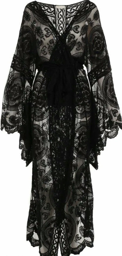 ***Cardigan Kimono maxi long en dentelle à manches  volumineuse
