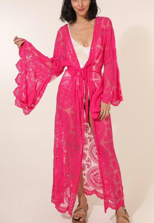 ***Cardigan Kimono maxi long en dentelle à manches  volumineuse