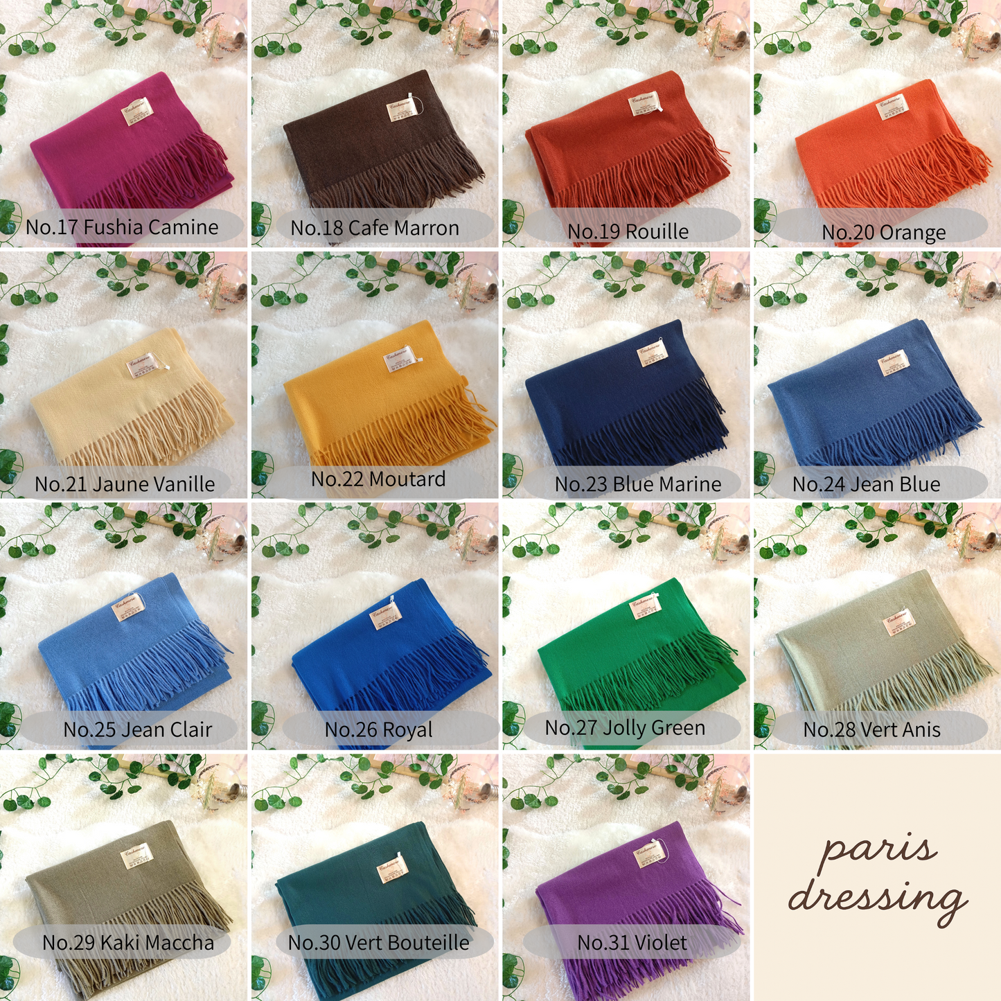 Nuancier étole cachemire Paris Dressing - Palette couleurs complète violet jaune orange vert kaki bleu marine