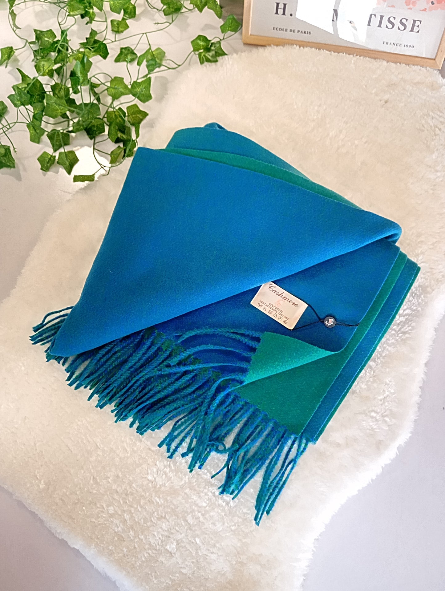Echarpe cachemire XXL réversible Blue Paon / Vert pour femme & homme, douce et chaude, idéale pour automne-hiver | Paris Dressing
