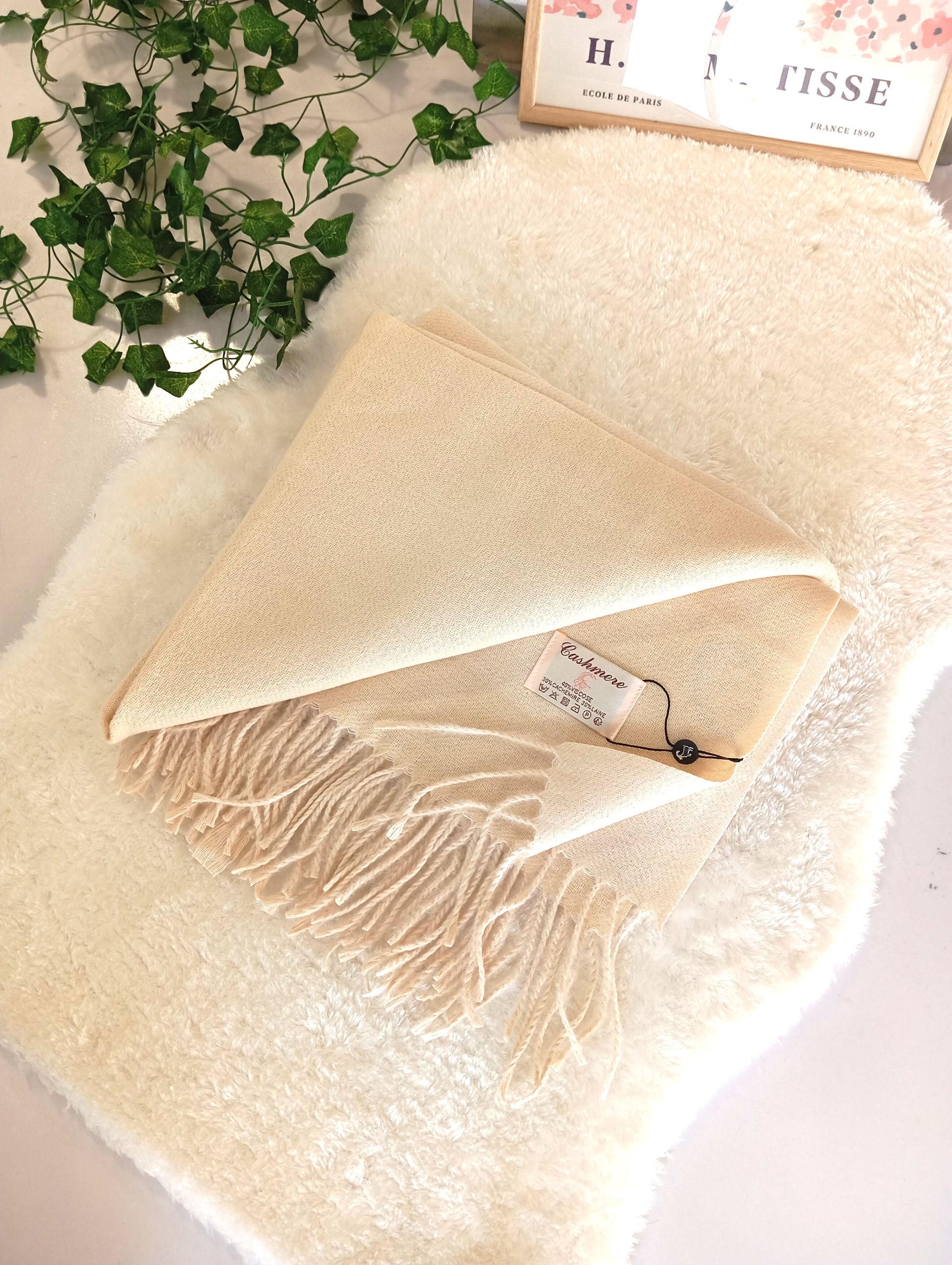 Echarpe cachemire XXL réversible Cream / Ecru pour femme & homme, douce et chaude, idéale pour automne-hiver | Paris Dressing
