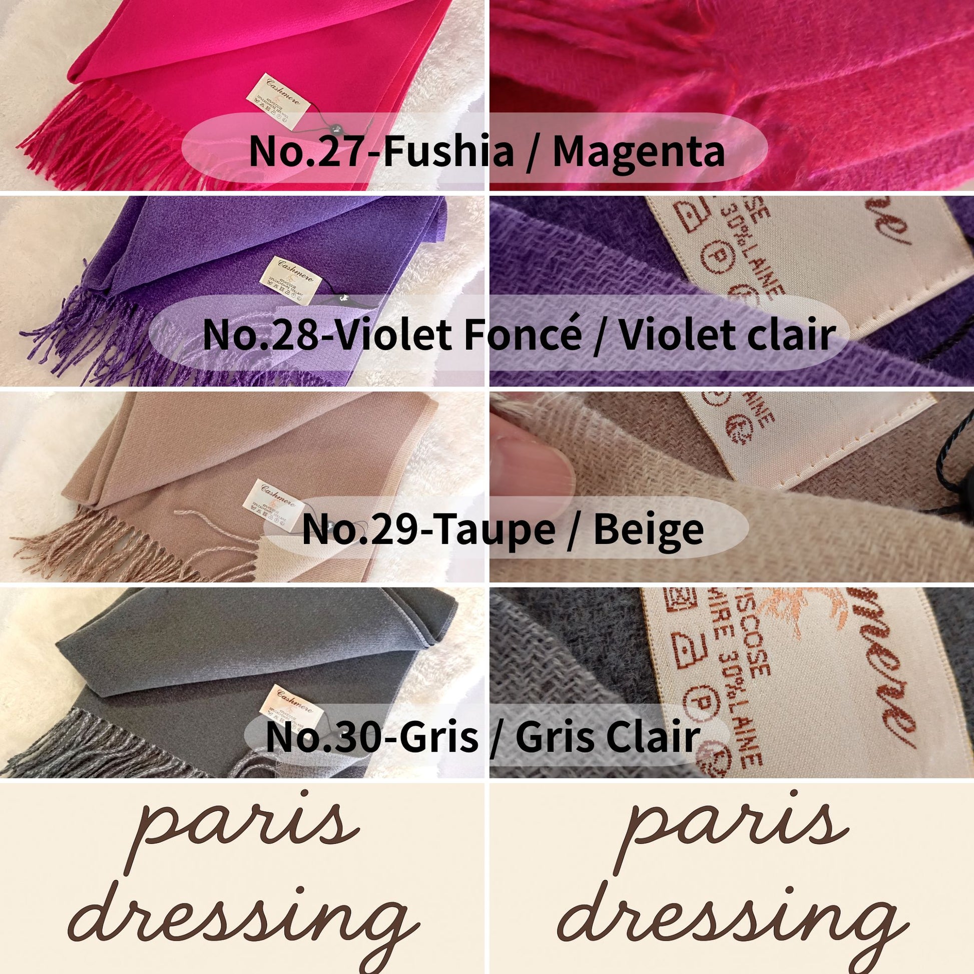 Echarpe cachemire XXL réversible pour femme & homme, couleurs Fushia / Magenta, Violet Foncé / Violet clair, Taupe / Beige, Gris / Gris Clair, douce et confortable, idéale pour quotidien et cérémonies | Paris Dressing
