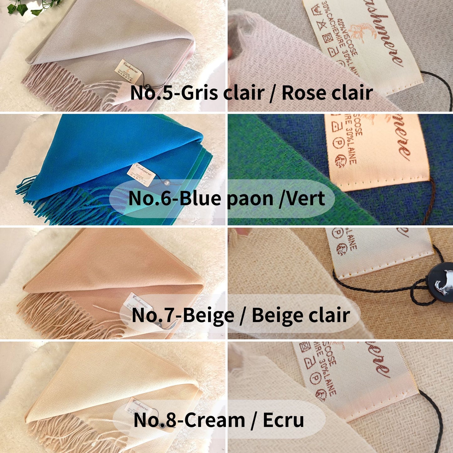 Echarpe cachemire XXL réversible pour femme & homme, couleurs Gris clair / Rose clair, Blue Paon / Vert, Beige / Beige clair, Cream / Ecru, douce et élégante, parfaite pour quotidien et bureau | Paris Dressing
