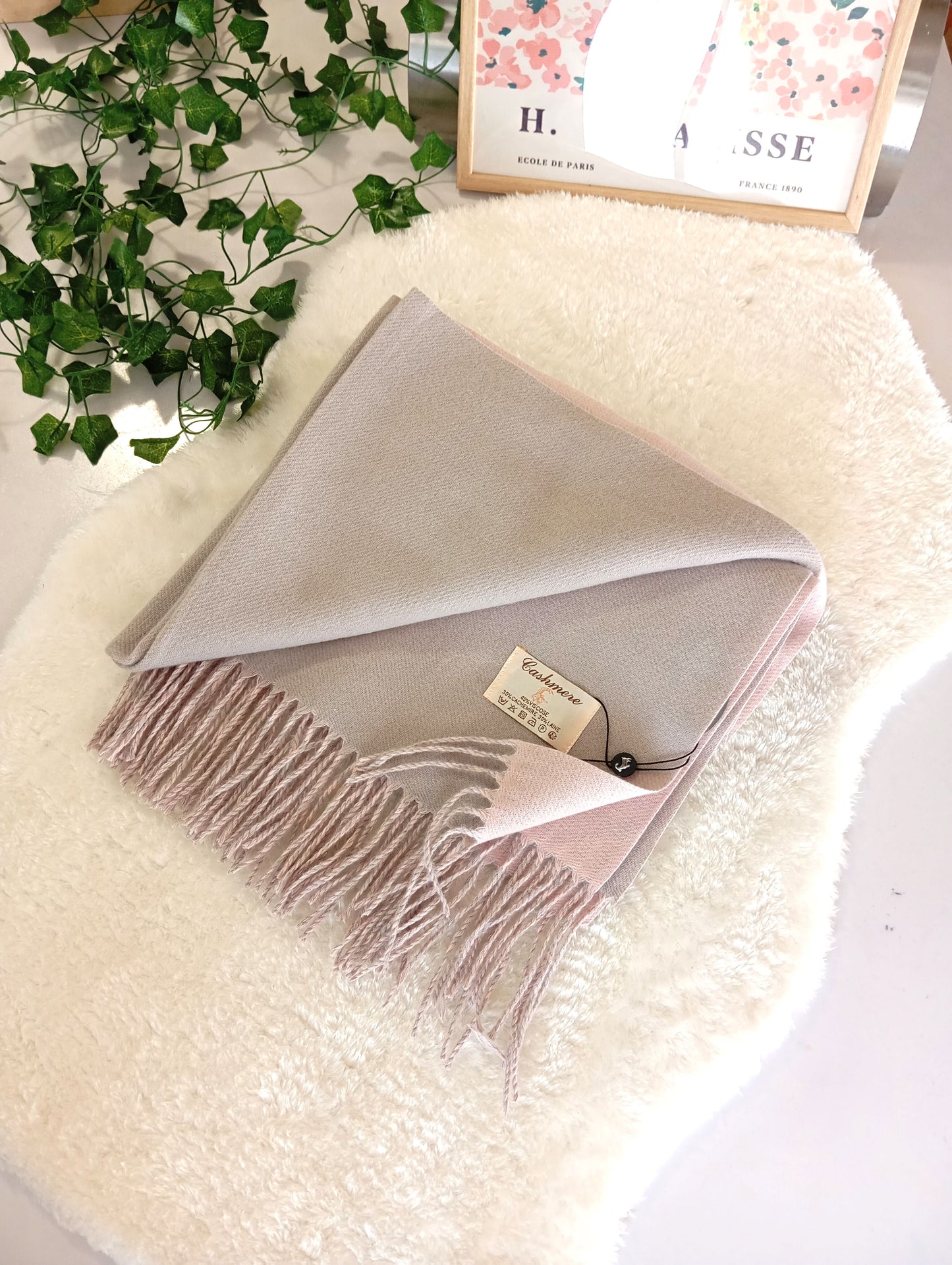 Echarpe cachemire XXL réversible Gris clair / Rose clair pour femme & homme, douce et chaude, idéale pour automne-hiver | Paris Dressing
