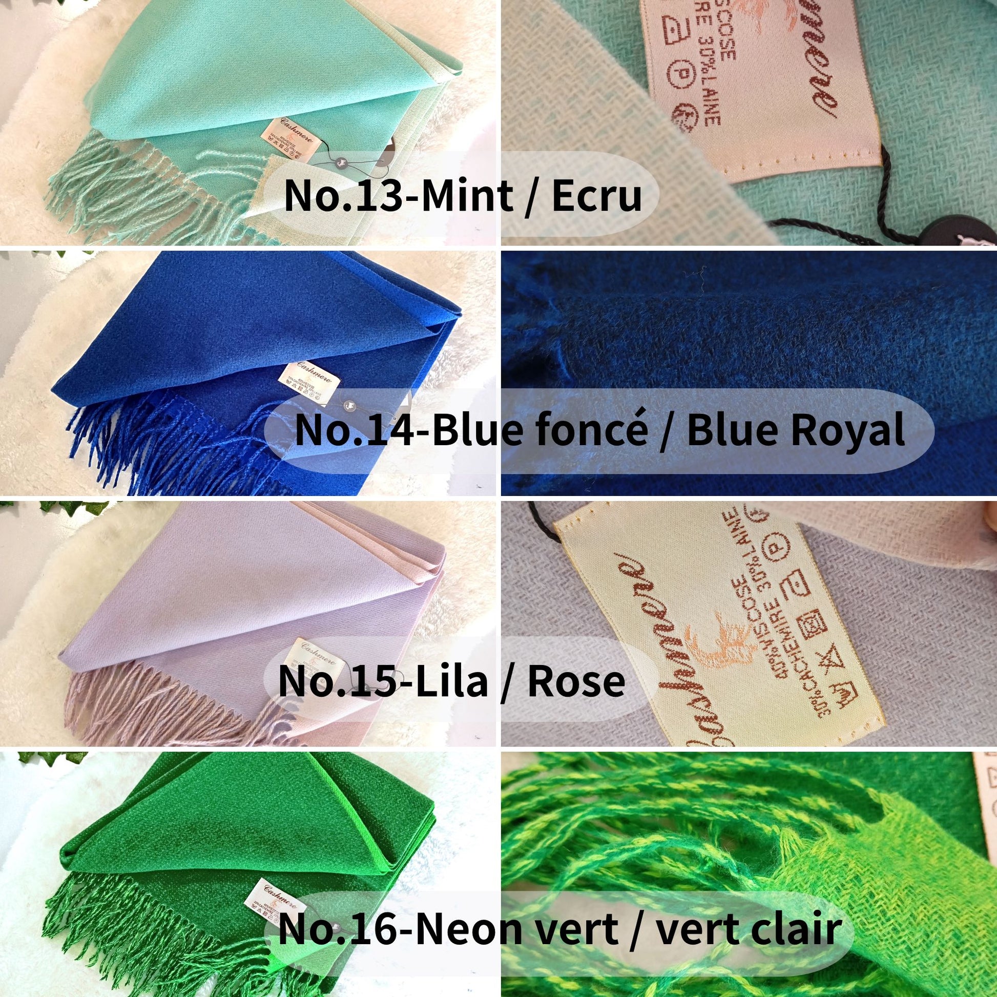 Echarpe cachemire XXL réversible pour femme & homme, couleurs Mint / Ecru, Blue foncé / Blue Royal, Lila / Rose, Neon vert / Vert clair, douce et élégante, parfaite pour automne-hiver | Paris Dressing
