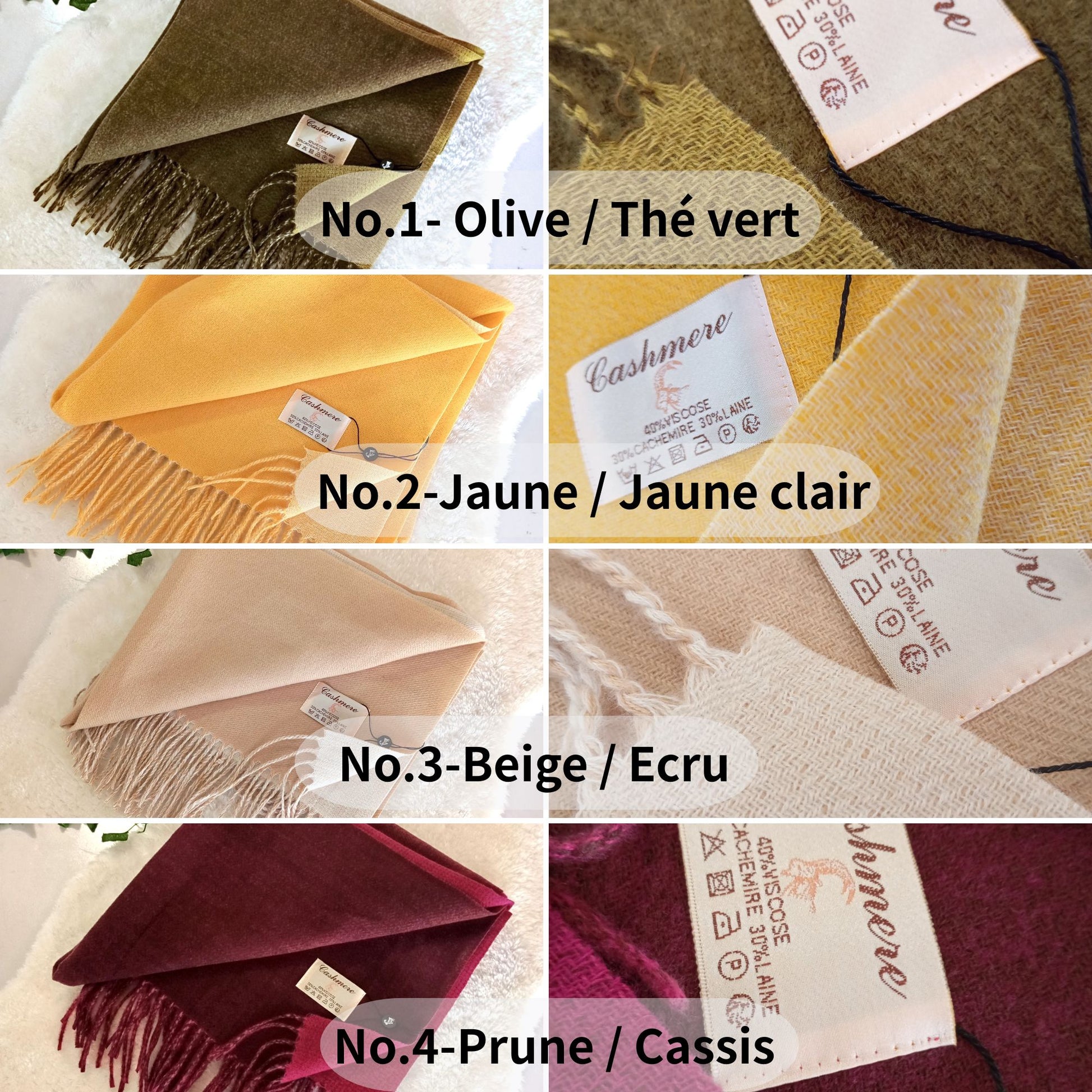 Echarpe cachemire XXL réversible pour femme & homme, couleurs Olive / Thé vert, Jaune / Jaune clair, Beige / Ecru, Prune / Cassis, douce et chaude, idéale pour automne-hiver | Paris Dressing

