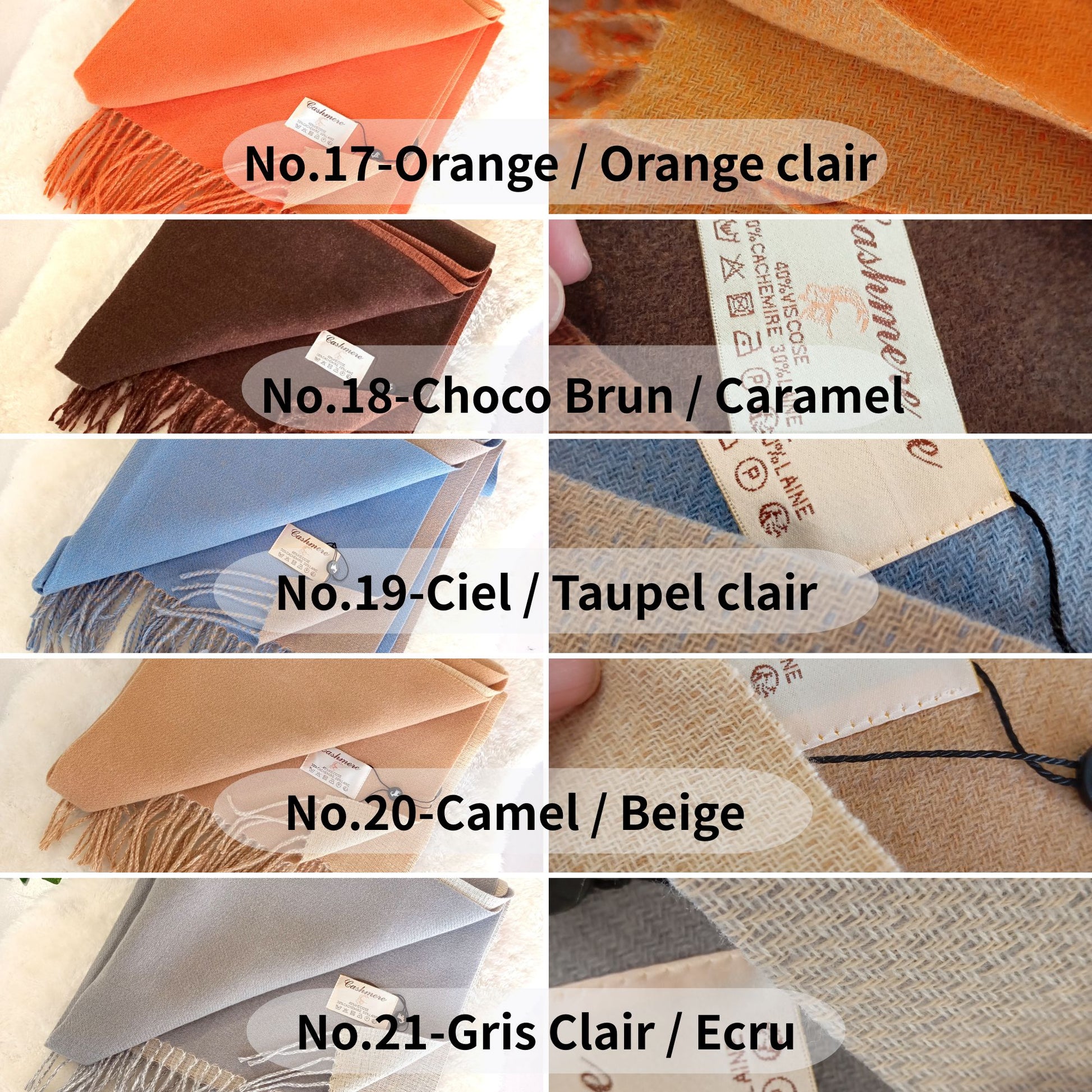 Echarpe cachemire XXL réversible pour femme & homme, couleurs Orange / Orange clair, Choco Brun / Caramel, Ciel / Taupe clair, Camel / Beige, Gris Clair / Ecru, douce et chaude, idéale pour quotidien et cérémonies | Paris Dressing
