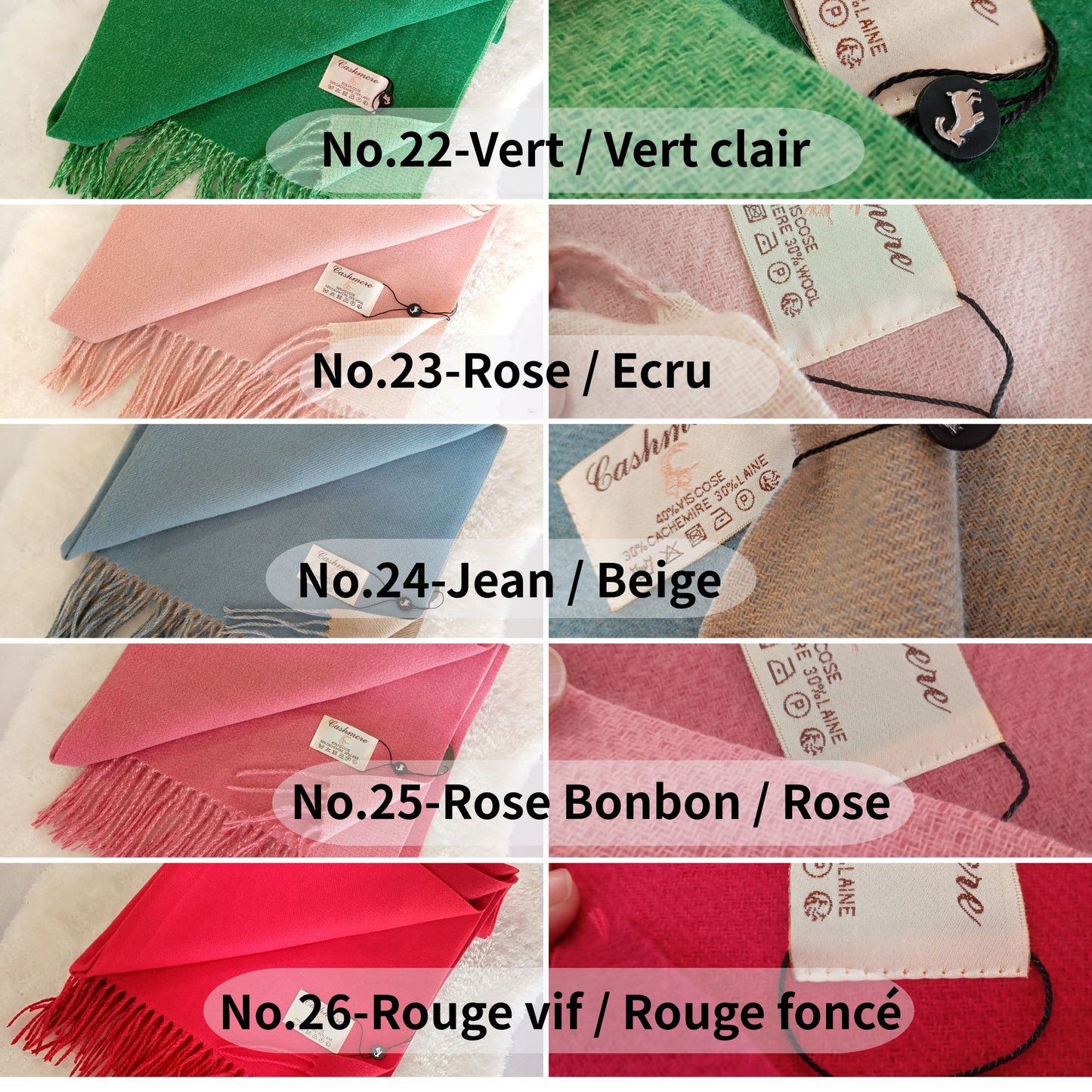 Echarpe cachemire XXL réversible pour femme & homme, couleurs Vert / Vert clair, Rose / Ecru, Jean / Beige, Rose Bonbon / Rose, Rouge vif / Rouge foncé, chaude et élégante, parfaite pour automne-hiver | Paris Dressing
