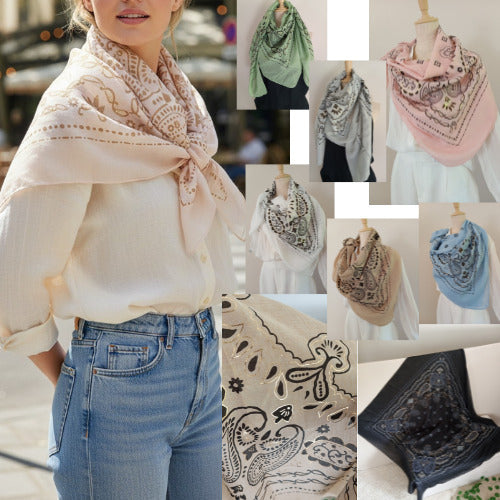 Bandana Chic Paris｜Grand Carré 120 cm Coton & Viscose – Détails Dorés