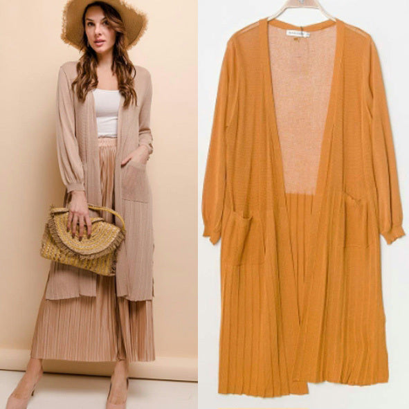 *PARIS*Cardigan long en tricot transparent avec poches fendues et plissées