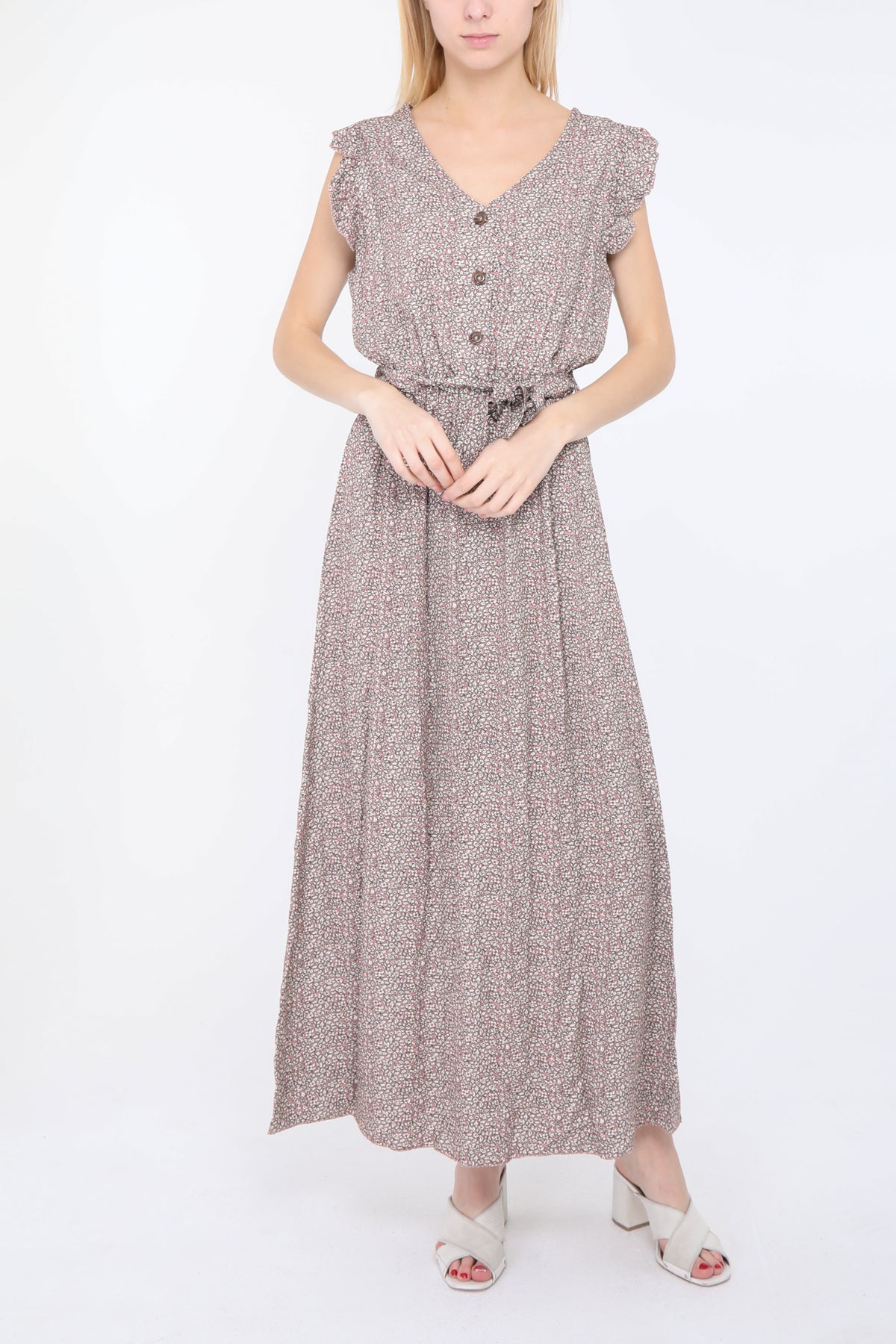PARIS* Robe longue à petit motif floral boutonnée sur le devant et marque de taille
