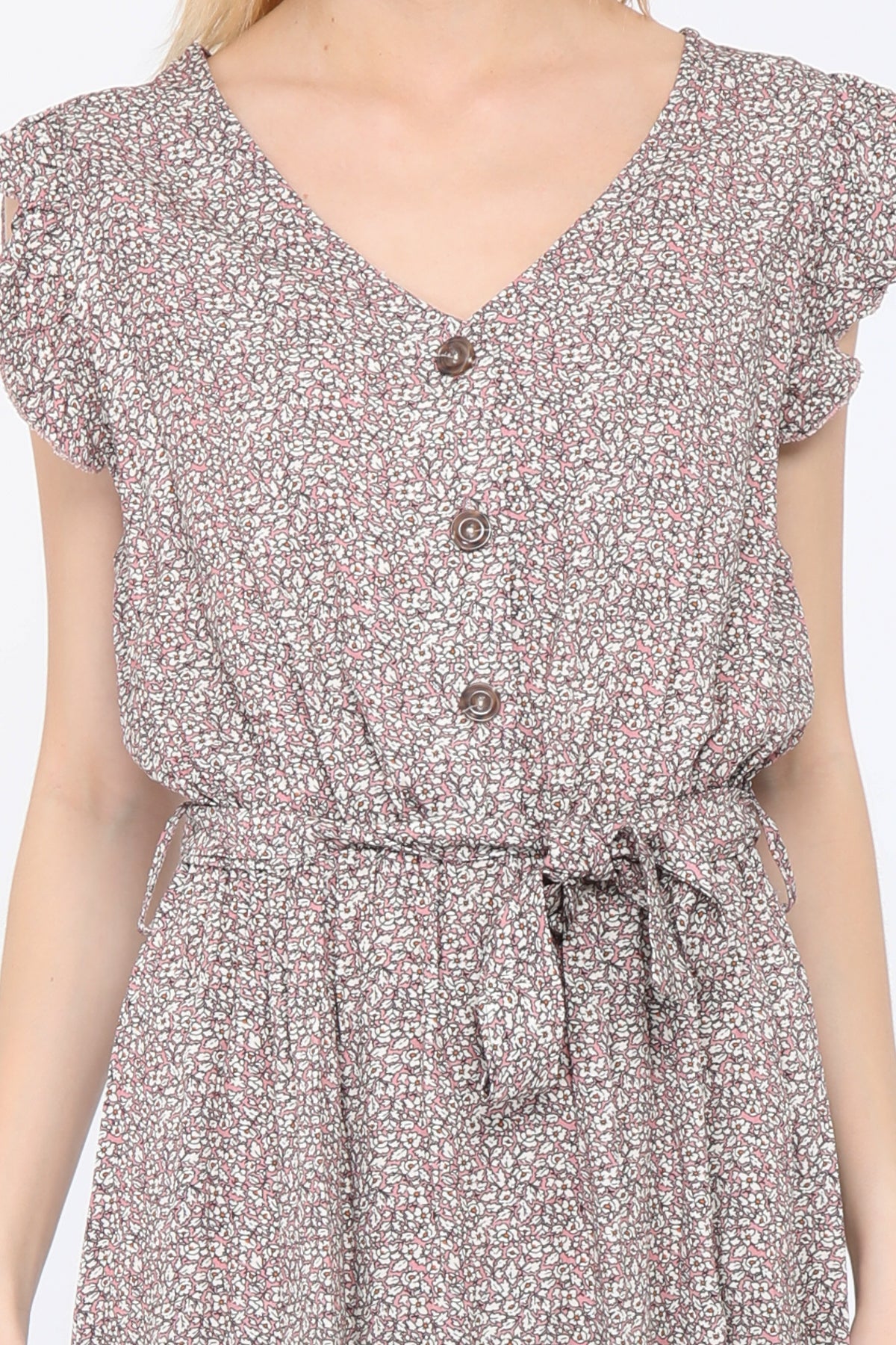 PARIS* Robe longue à petit motif floral boutonnée sur le devant et marque de taille
