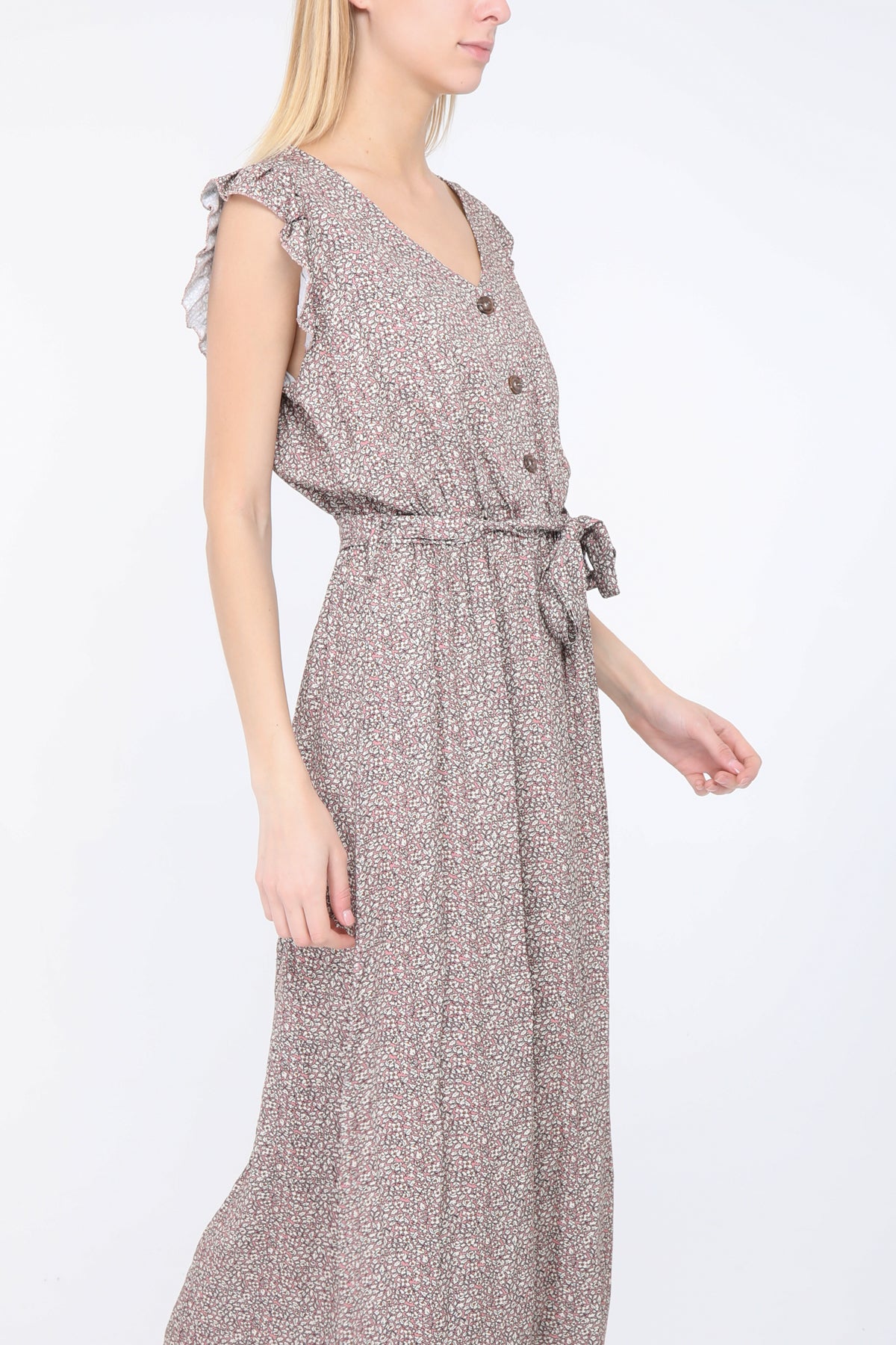 PARIS* Robe longue à petit motif floral boutonnée sur le devant et marque de taille