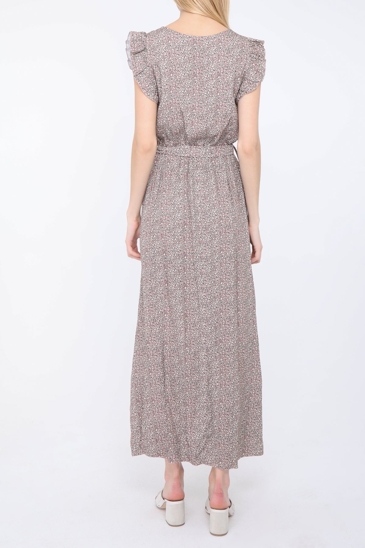 PARIS* Robe longue à petit motif floral boutonnée sur le devant et marque de taille