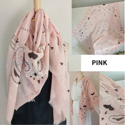 Grand Carré 120 cm Motif Cœur – Foulard Léger Coton Viscose Style Romantique