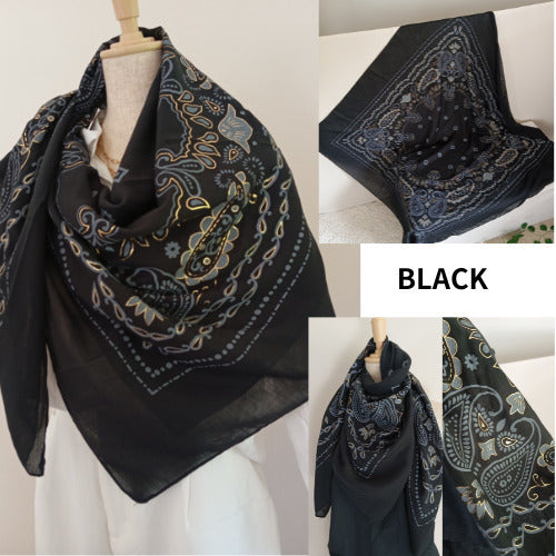 Bandana Chic Paris｜Grand Carré 120 cm Coton & Viscose – Détails Dorés