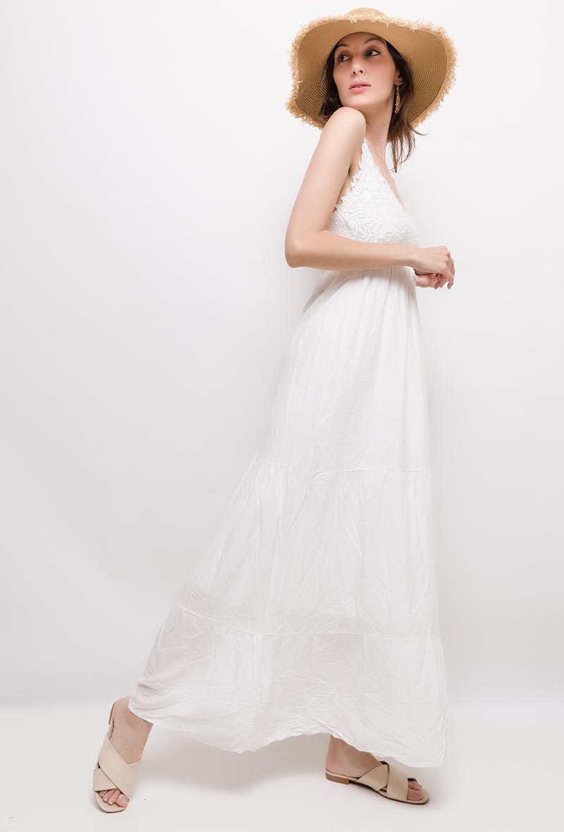 *Robe longue à volants en coton et dentelle